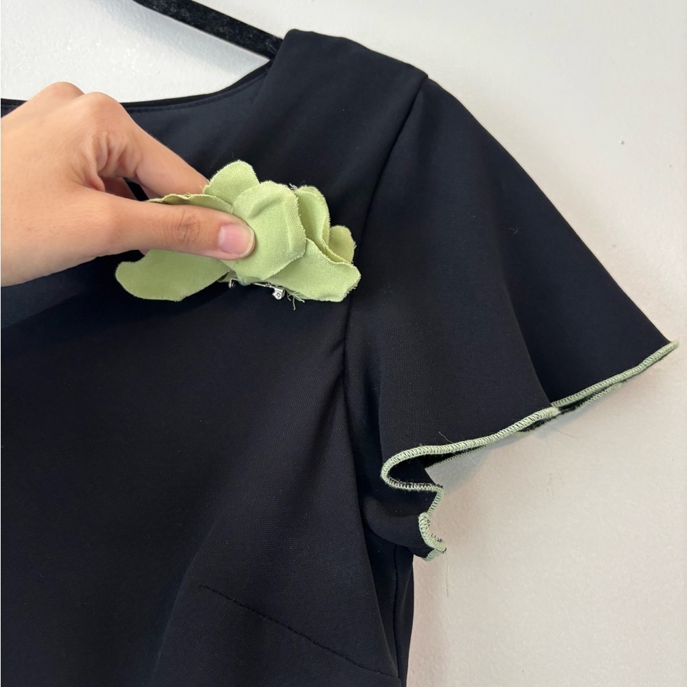 Deadstock Y2K Black Ruffle Formal Asymmetrical Midi Dress Flower Pin - Small Med - Picture 12 of 12